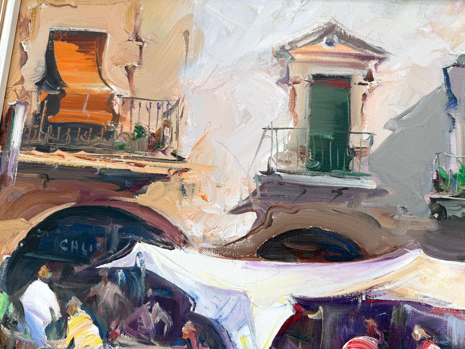 Josep Sarquella Escobet Mediterranean Village Market Scene Costa Brava Street Market Painting Oil Canvas 1989 photo vinterior