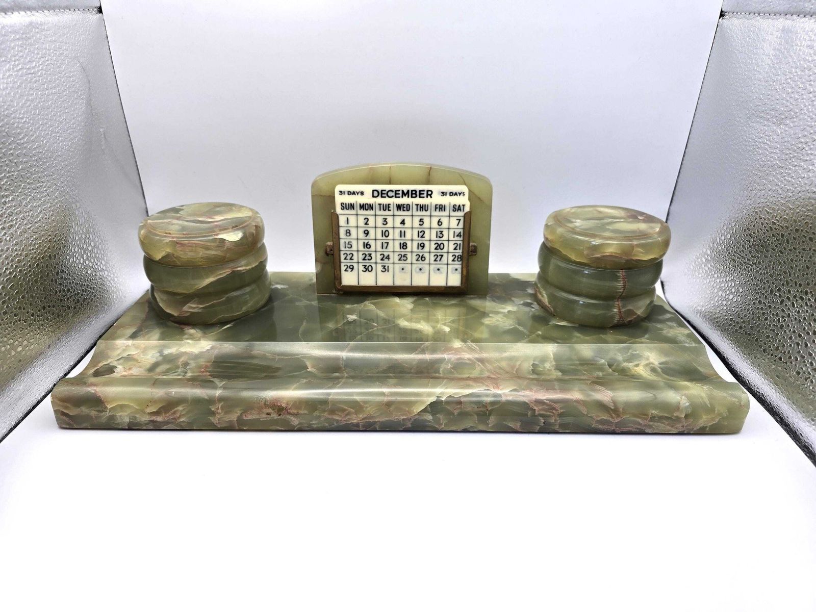 Antique Art Deco Green Onyx Desk Set   Perpetual Calendar, Two Ink Wells, Pen Holder photo for sale