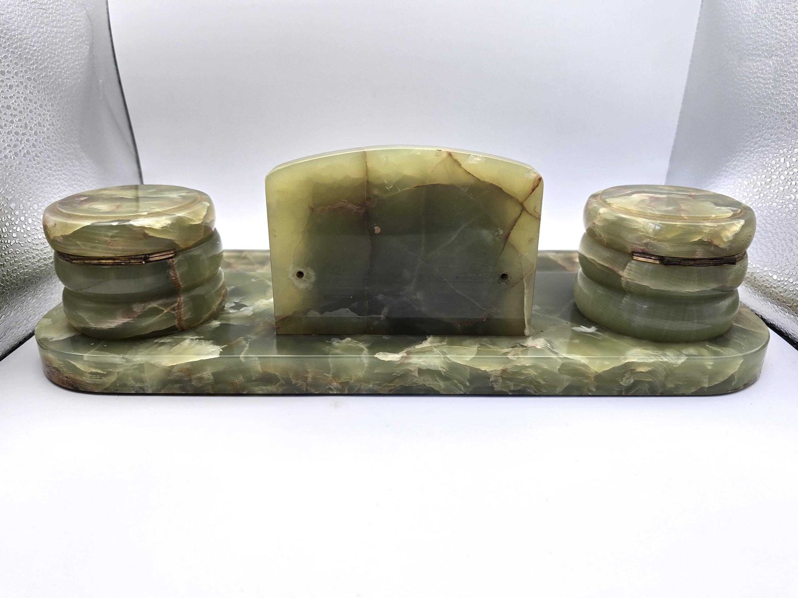 Antique Art Deco Green Onyx Desk Set   Perpetual Calendar, Two Ink Wells, Pen Holder photo 130.0