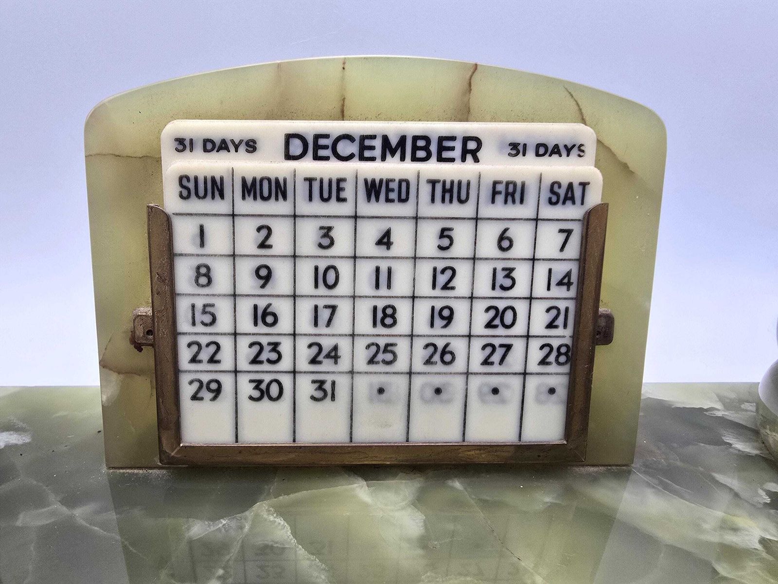 Antique Art Deco Green Onyx Desk Set   Perpetual Calendar, Two Ink Wells, Pen Holder photo vinterior