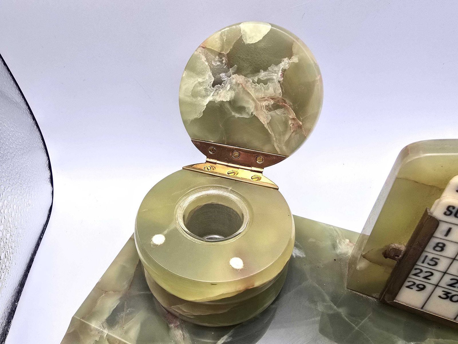 photo for sale Antique Art Deco Green Onyx Desk Set   Perpetual Calendar, Two Ink Wells, Pen Holder