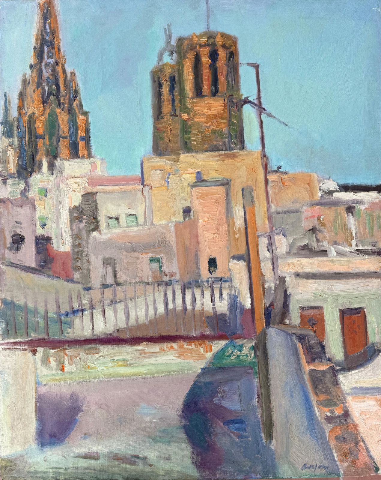 Simon Busom Mid Century Barcelona Cathedral Rooftops Oil Painting, Mediterranean Spanish 1969