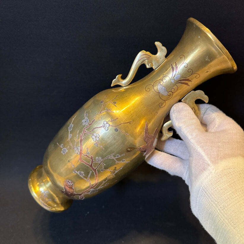 Antique Early 1900s Japanese Meiji Mixed Metal Bronze Large Vase photo for sale