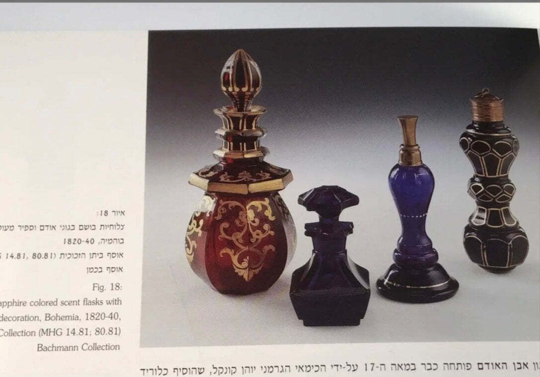 photo furniture Bohemian 1820 30s Dark Blue Glass And Bronze Tall Perfume Scent Bottle Flask. With Museum Exhibition Provenance