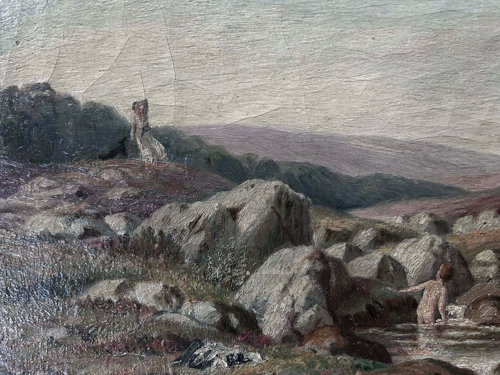 19th Century Antique Oil Painting Moorland Landscape Child Bather photo vinterior