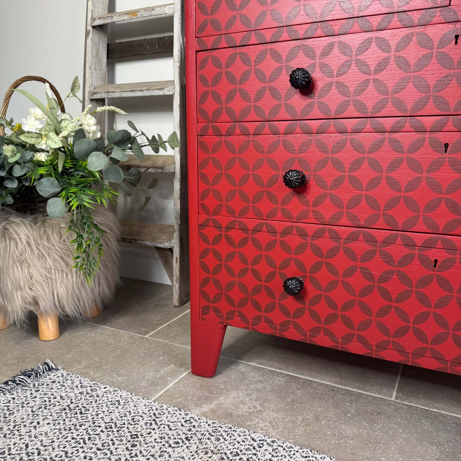 Vintage Retro Chest Of Drawers Painted Red And Patterned photo Furniture