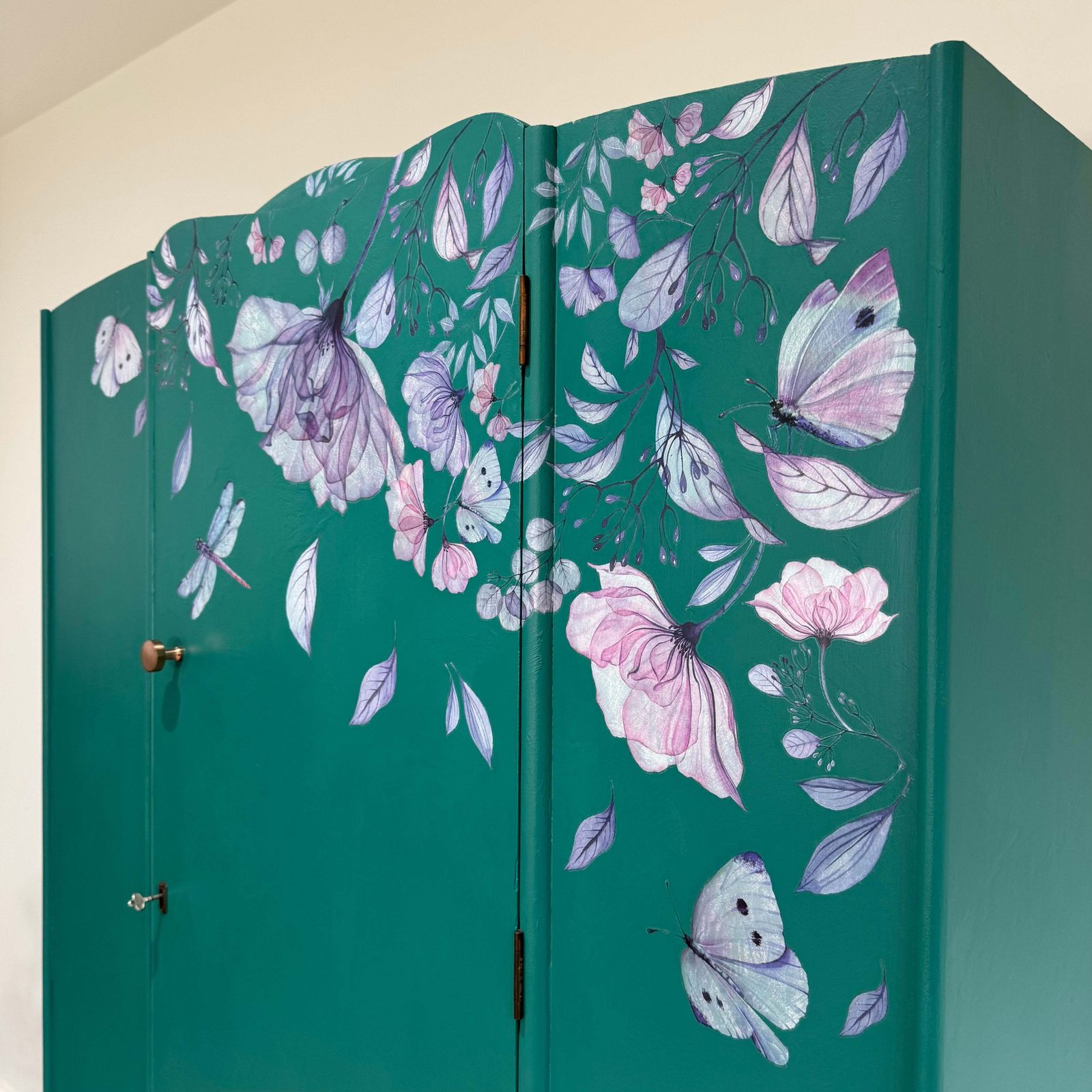 Vintage Wardrobe Armoire Painted Teal Green With Florals photo vinterior