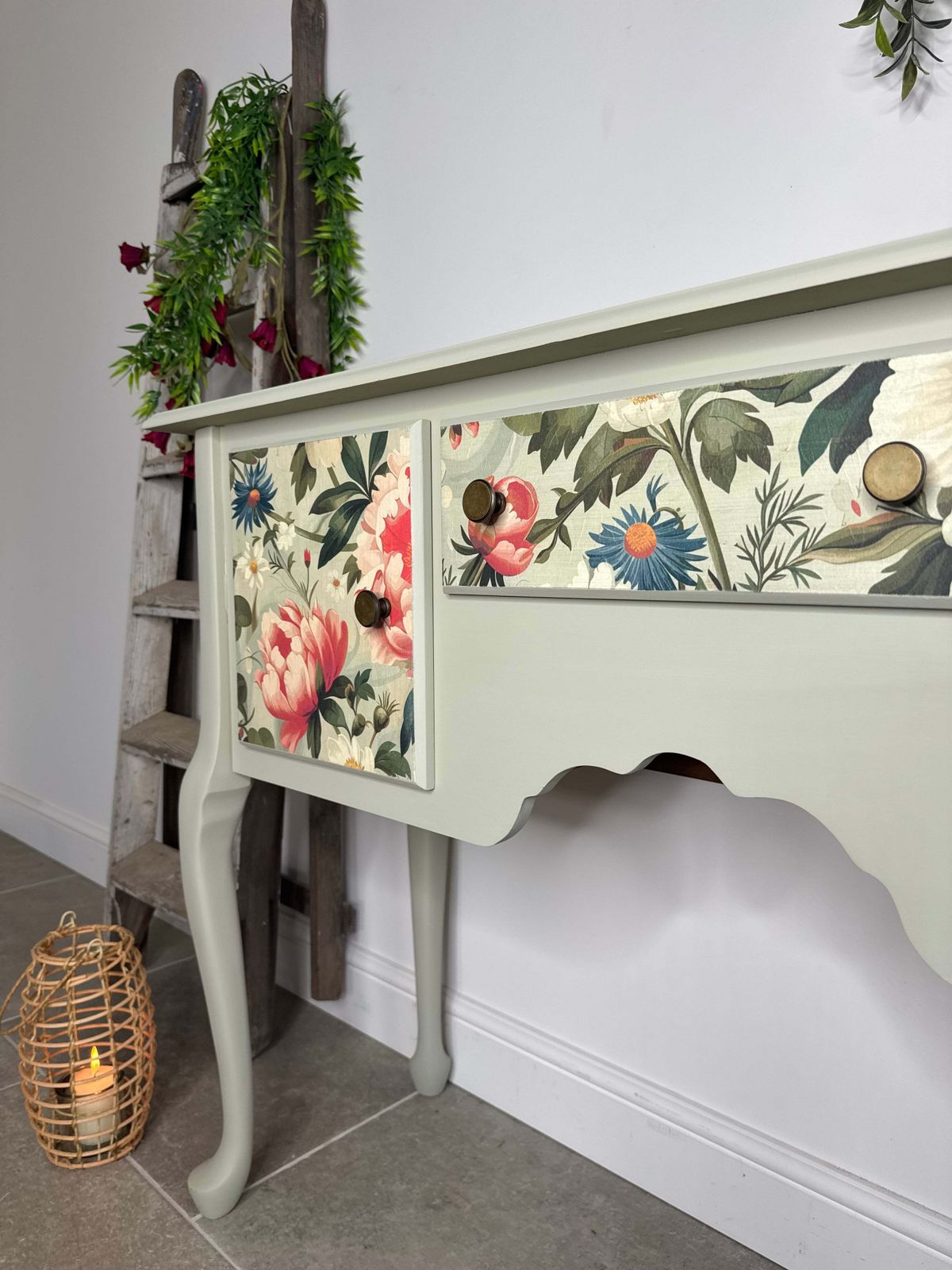 Pretty Light Green And Colourful Floral Console Table With Cupboards And Drawer photo Furniture