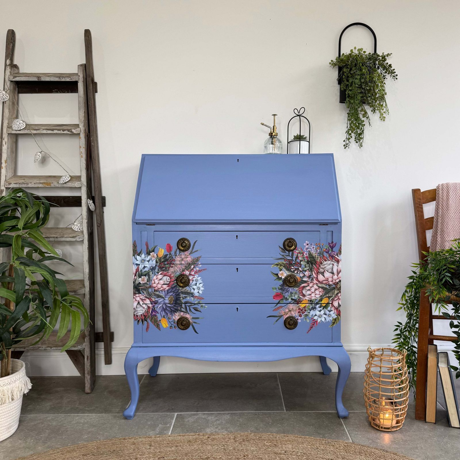 Pretty Writing Desk / Bureau Painted Light Blue, Pink And Floral