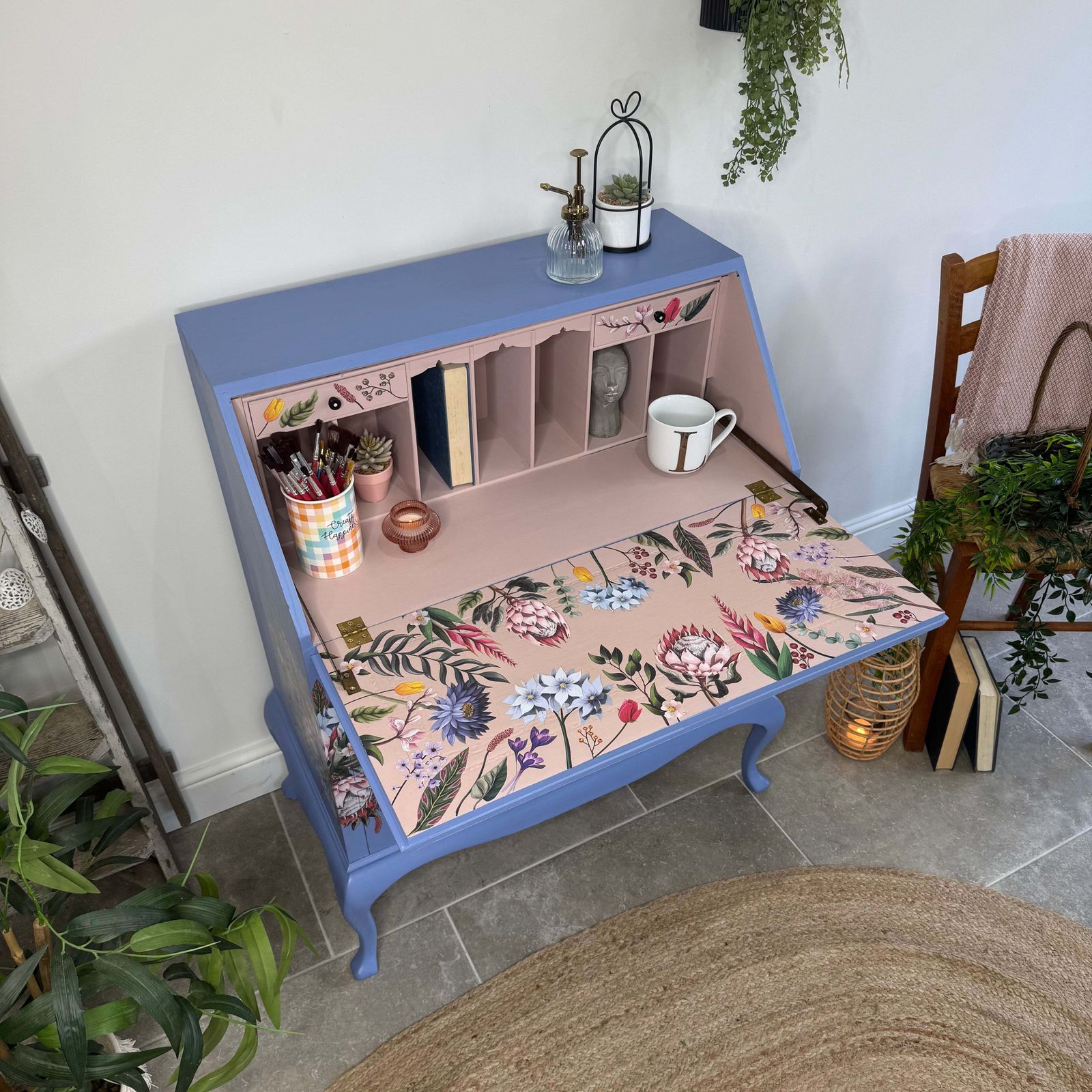 Pretty Writing Desk / Bureau Painted Light Blue, Pink And Floral photo Furniture