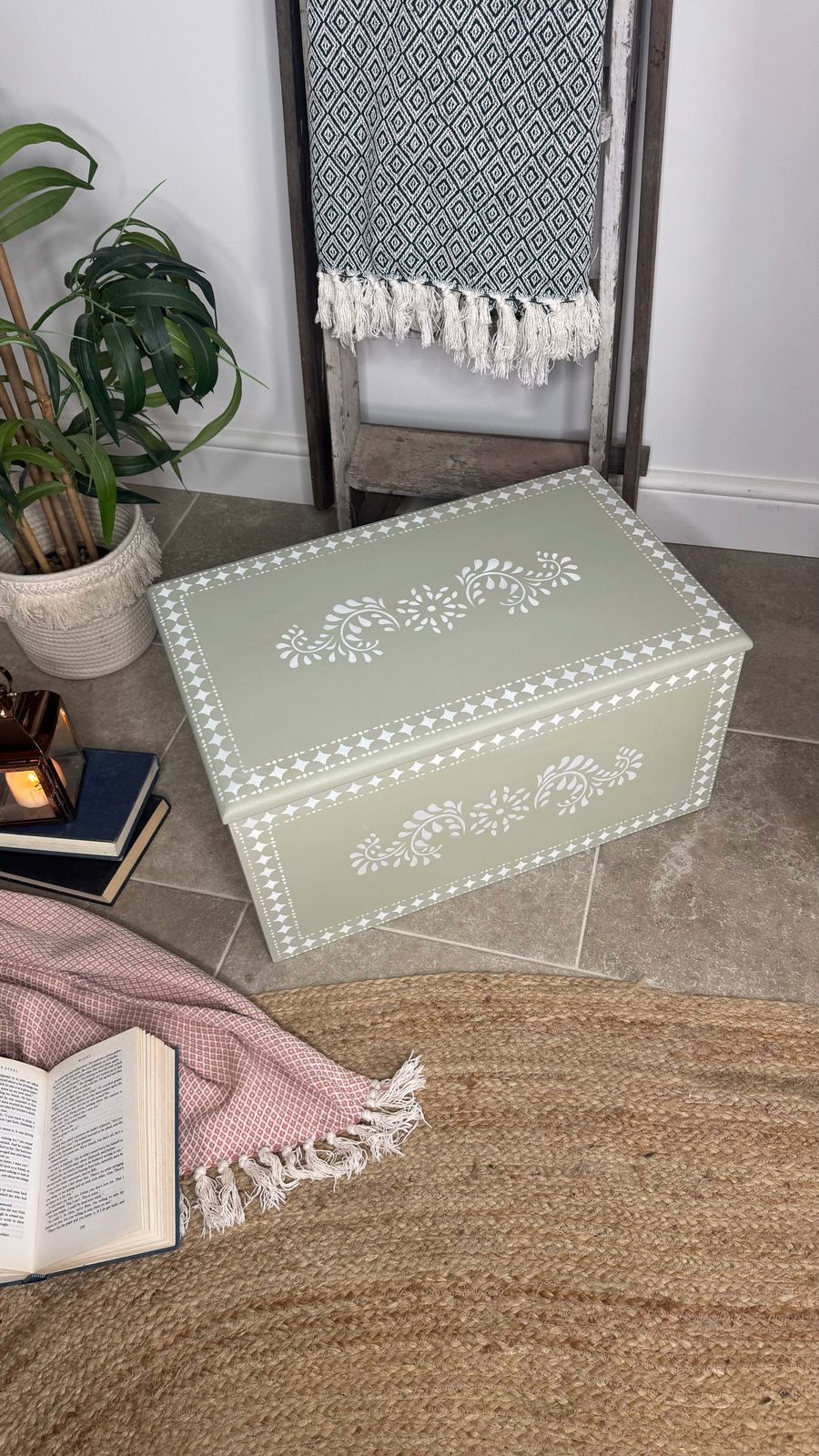 Wooden Storage Box Painted Green And White Patterned photo Home Decor