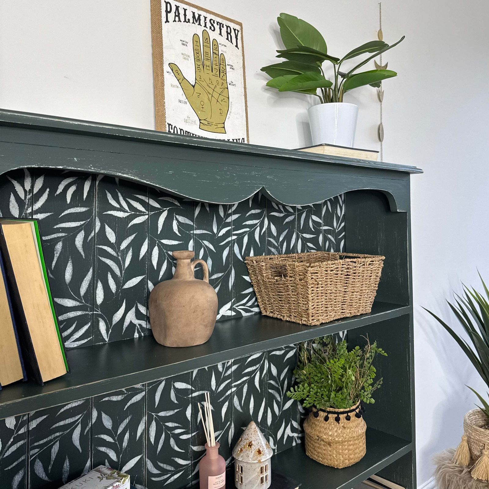 Rustic Pine Bookcase / Bookshelf Painted Dark Green And White Floral photo Furniture