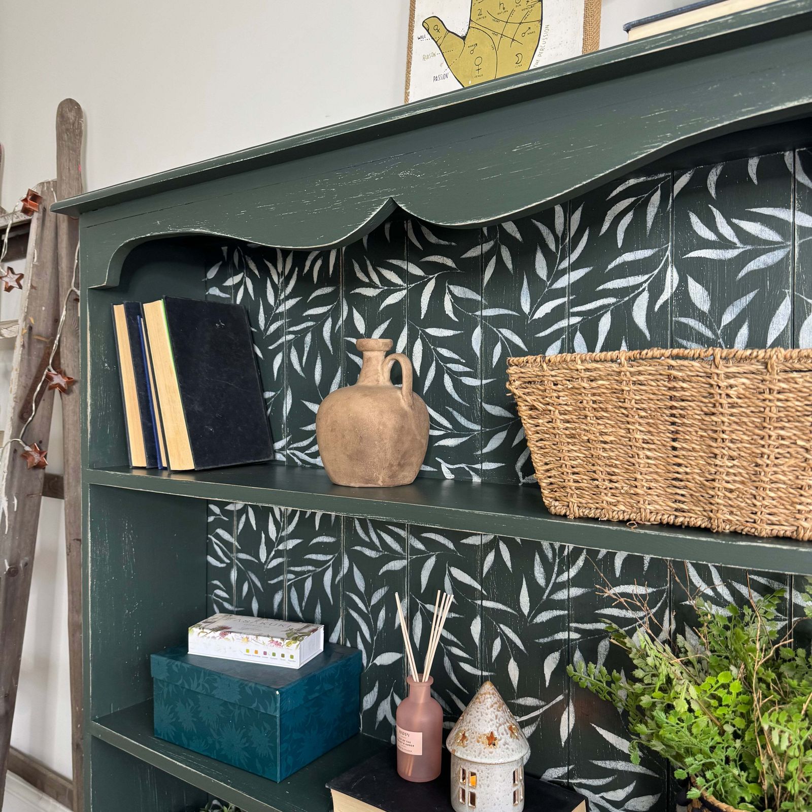 Rustic Pine Bookcase / Bookshelf Painted Dark Green And White Floral photo vinterior