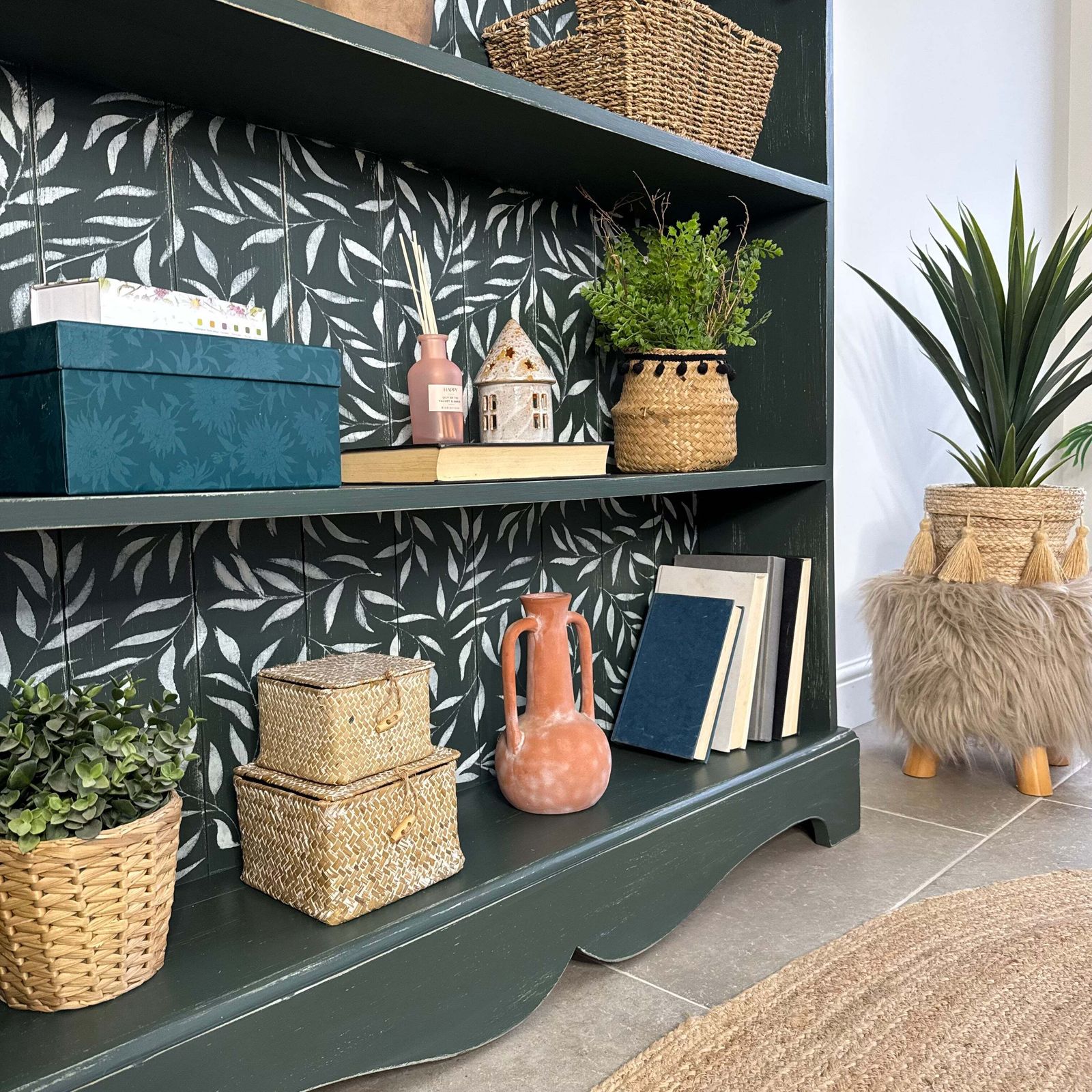 Rustic Pine Bookcase / Bookshelf Painted Dark Green And White Floral photo vintage