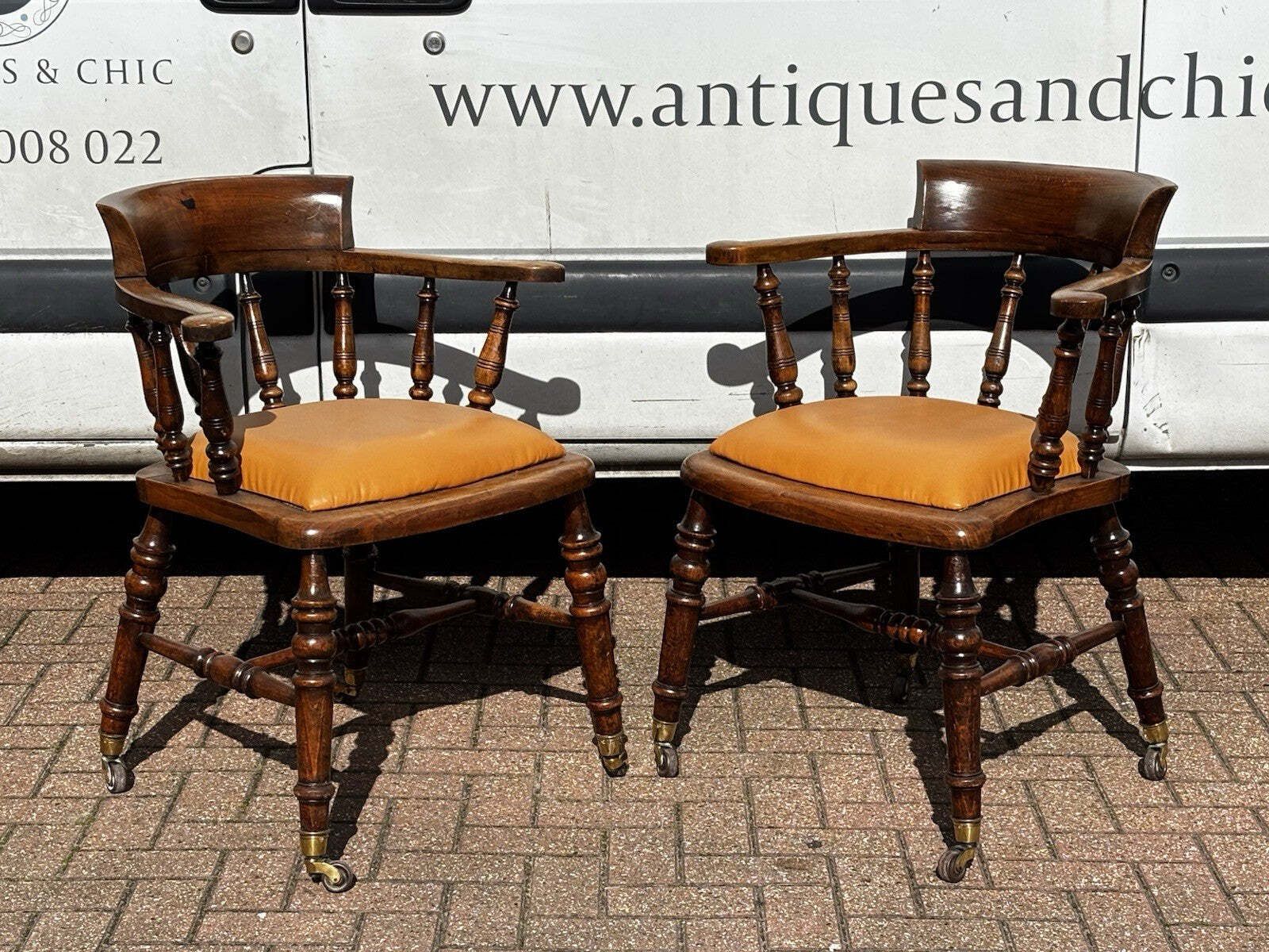 Victorian Pair Of Library Armchairs, On Brass Castors, Good Quality Examples. photo furniture