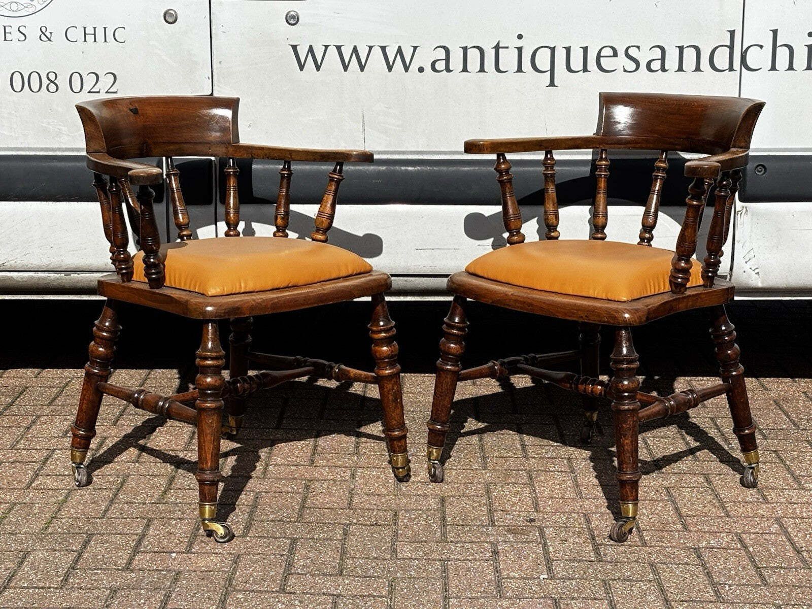 Victorian Pair Of Library Armchairs, On Brass Castors, Good Quality Examples. photo for sale