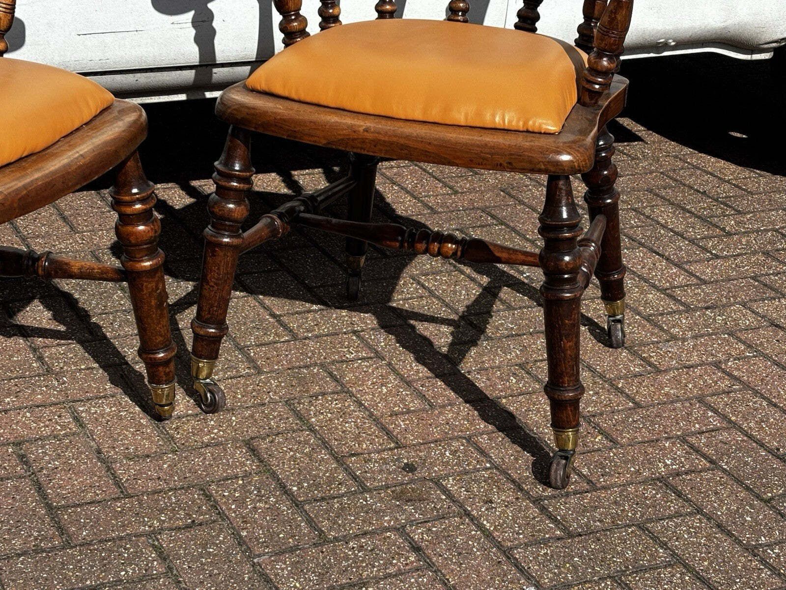 Victorian Pair Of Library Armchairs, On Brass Castors, Good Quality Examples. photo vinterior