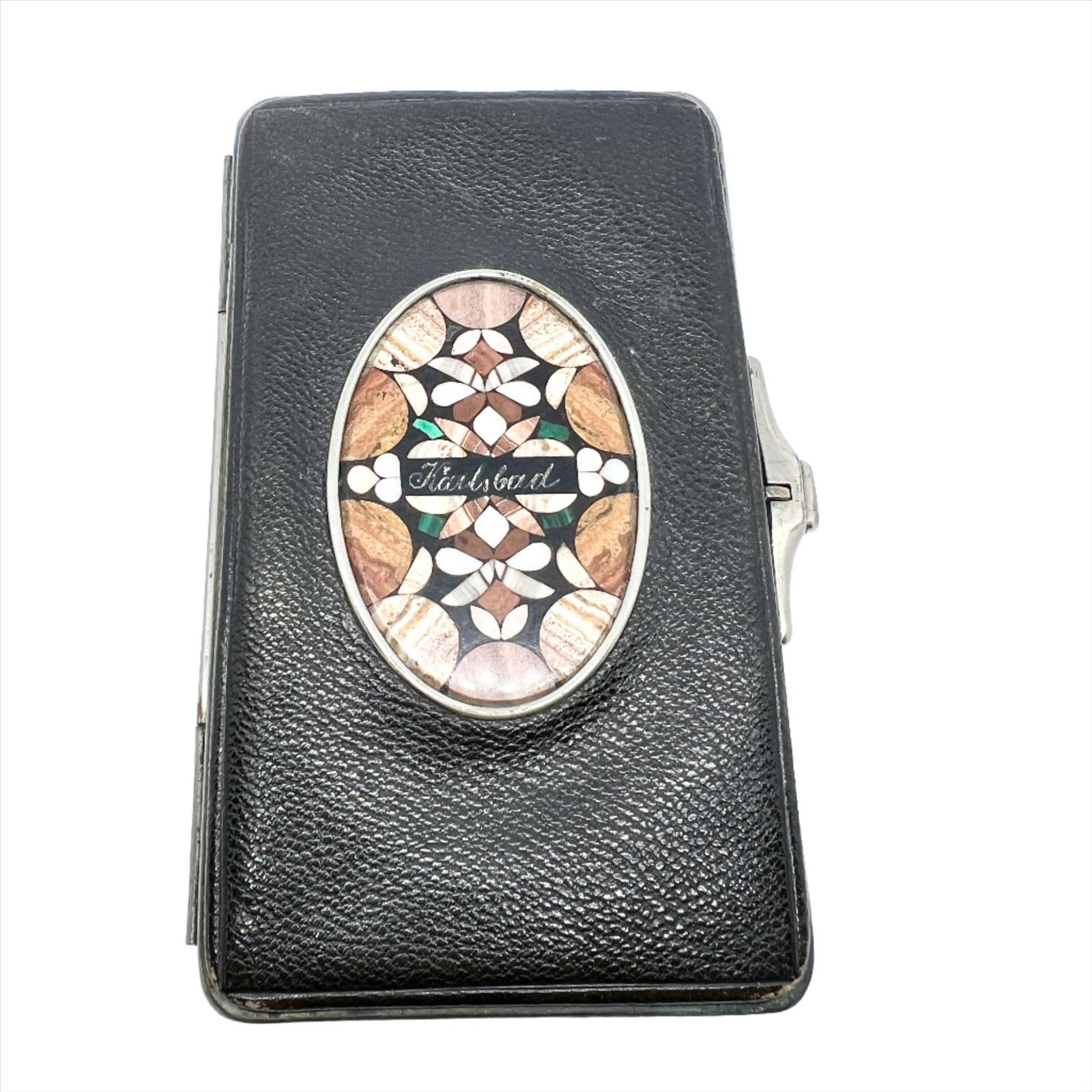 Karlovy Vary / Karlsbad, Czech Republic. Antique C 1910s Souvenir Pietre Dura Mosaic Leather Card Case.