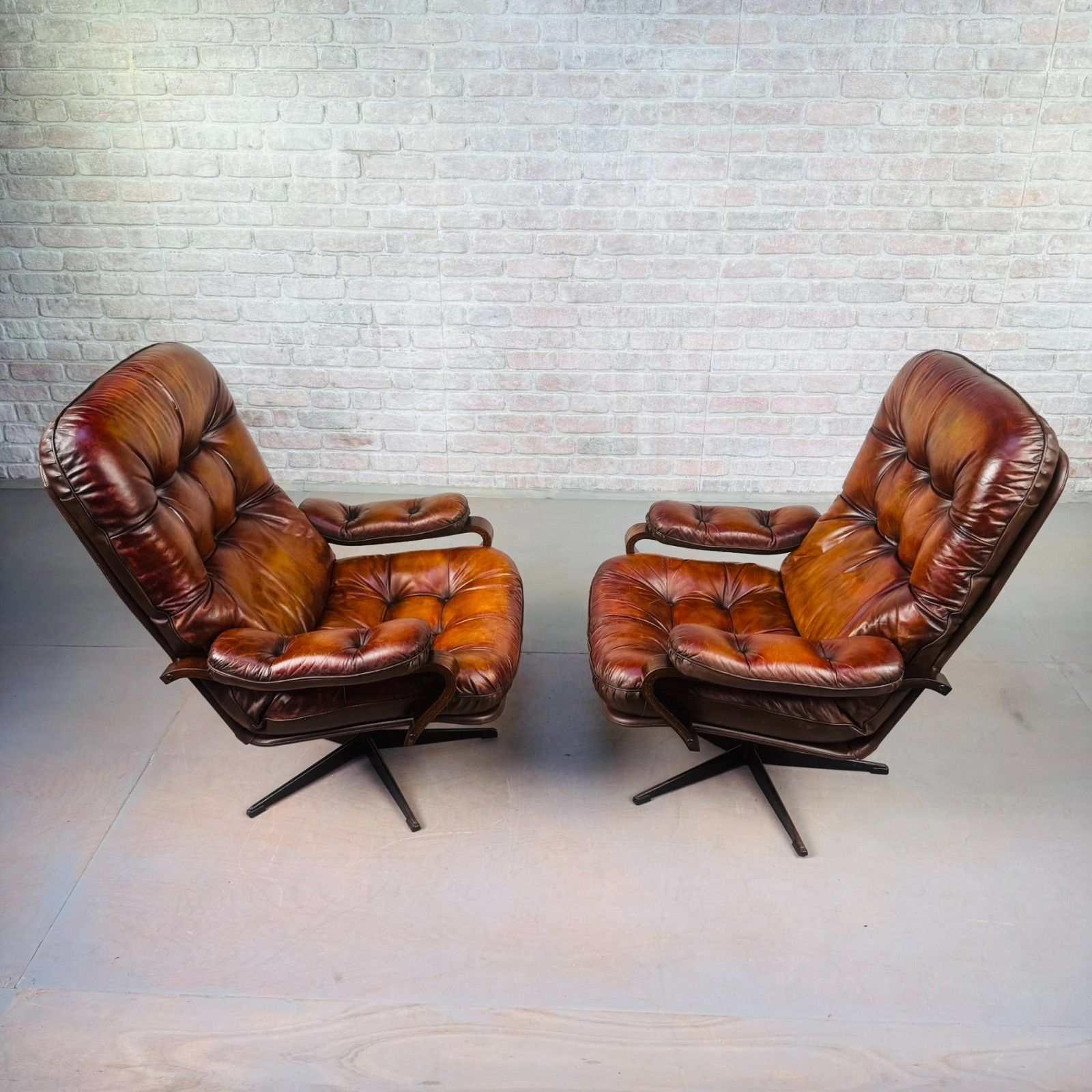 Pair Of Vintage Danish Tan Leather Swivel Chairs  Stylish photo buy