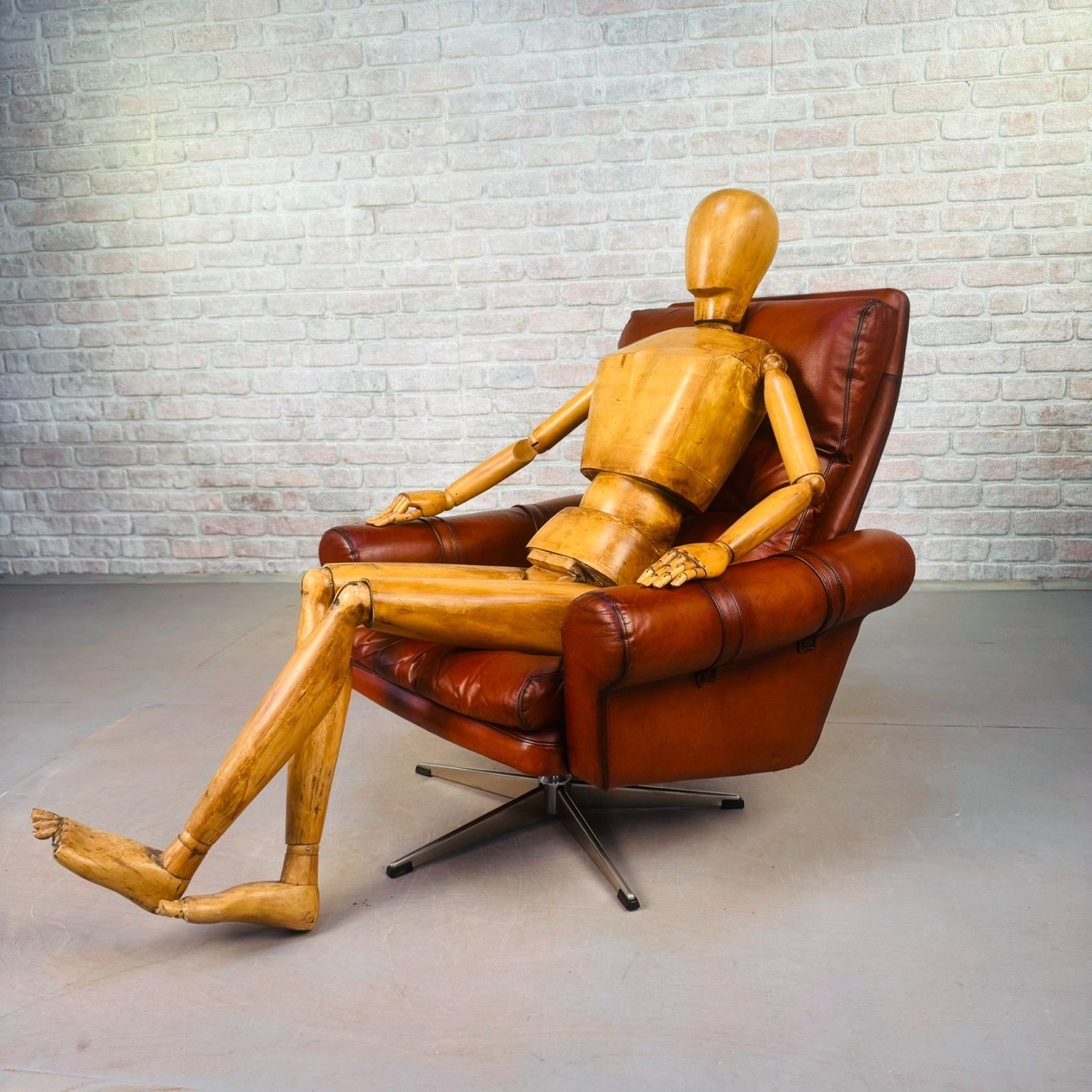 Mid Century Danish Leather Swivel Armchair – Hand Dyed Cognac Colour photo furniture