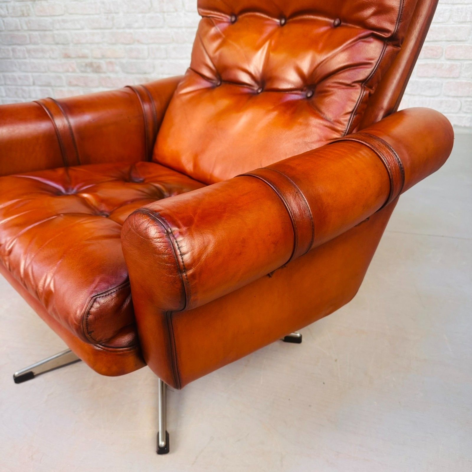 photo for sale Mid Century Danish Leather Swivel Armchair – Hand Dyed Cognac Colour
