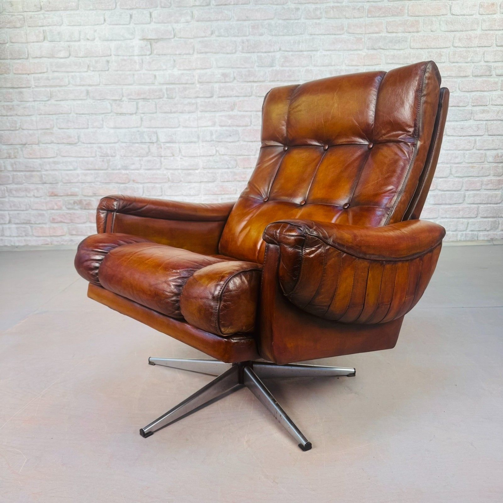 Mid Century Danish Leather Swivel Armchair – Hand Dyed Tan Colour