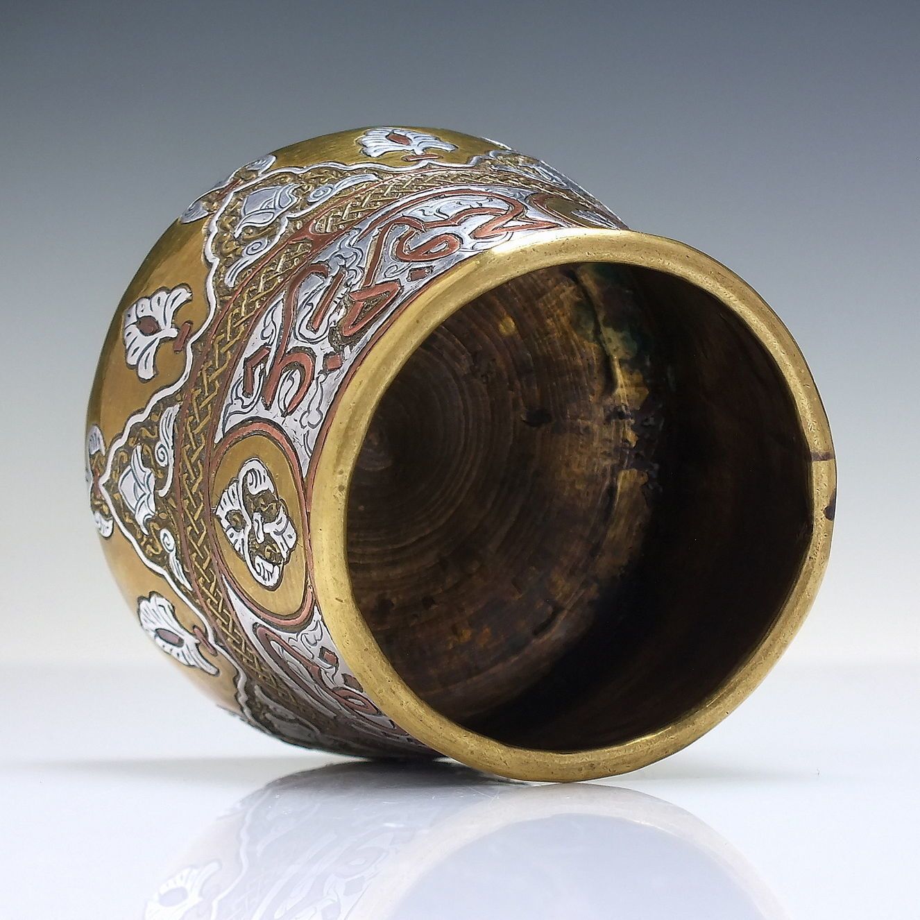 19th Century Middle East Mumluk Revival Brass, Copper & Silver Inlaid Cup C1850 photo 145.0