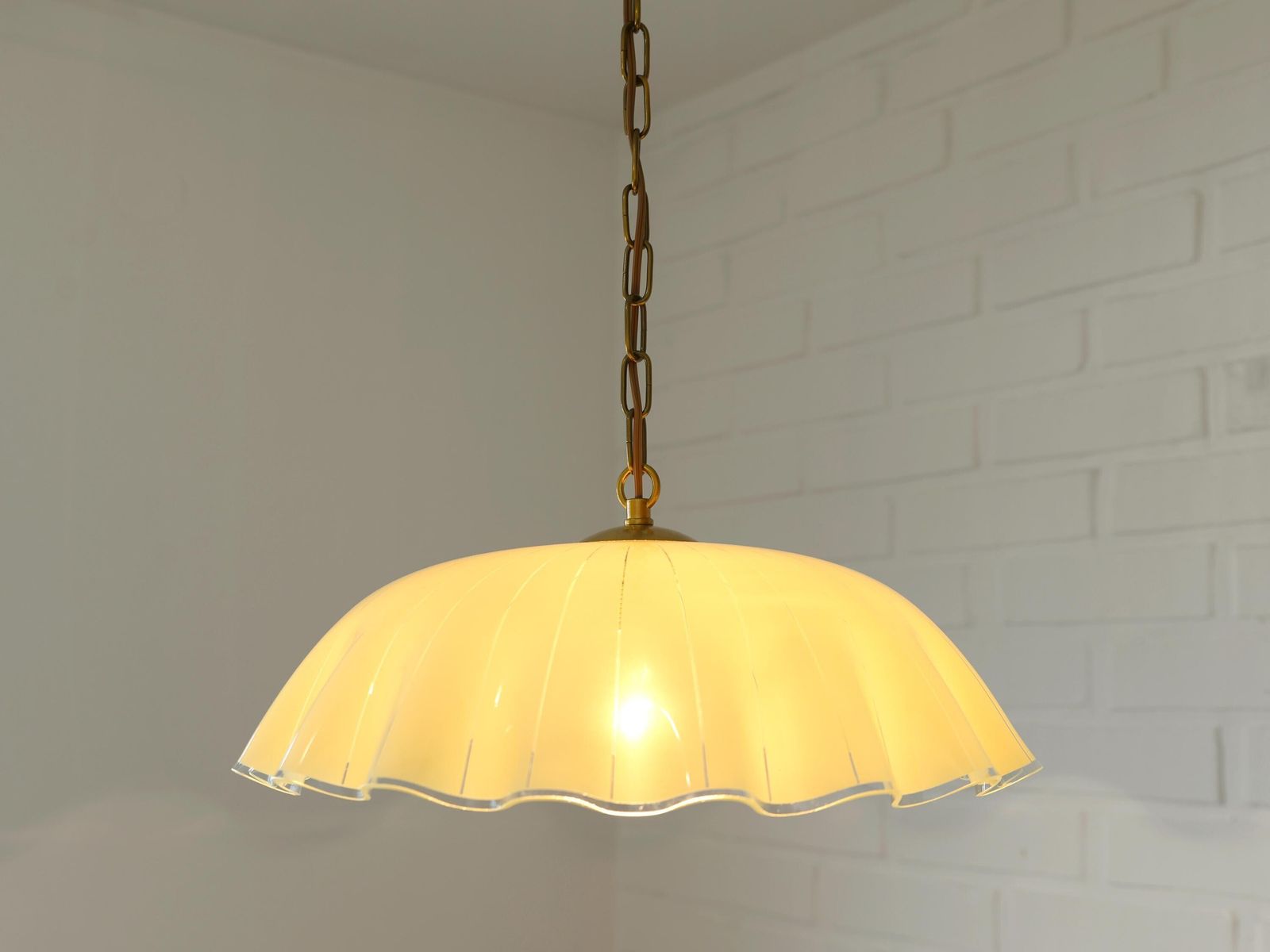 Vintage Pendant Fazzoletto Light / Kitchen Hanging Lamp 1980's / Farmhouse Beige Glass Chandelier photo vintage