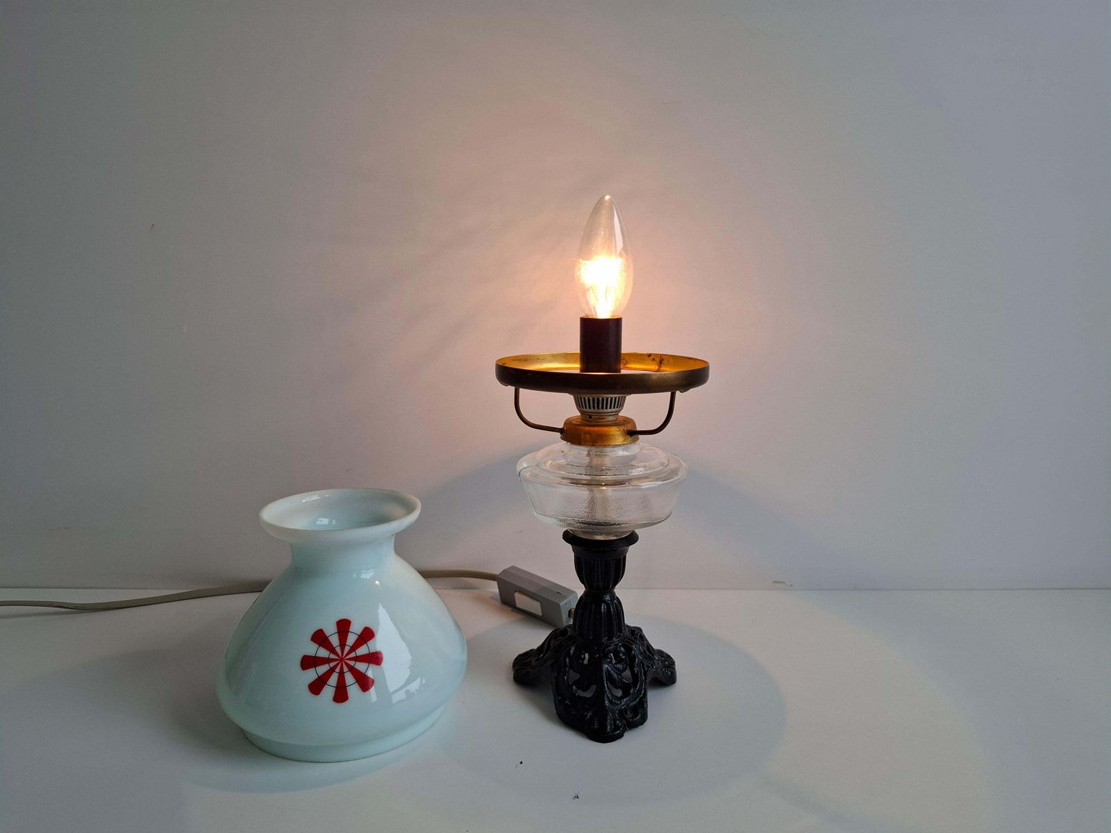1960s Czechoslovakian Milk Glass Oil Lamp Style Table Lamp photo furniture