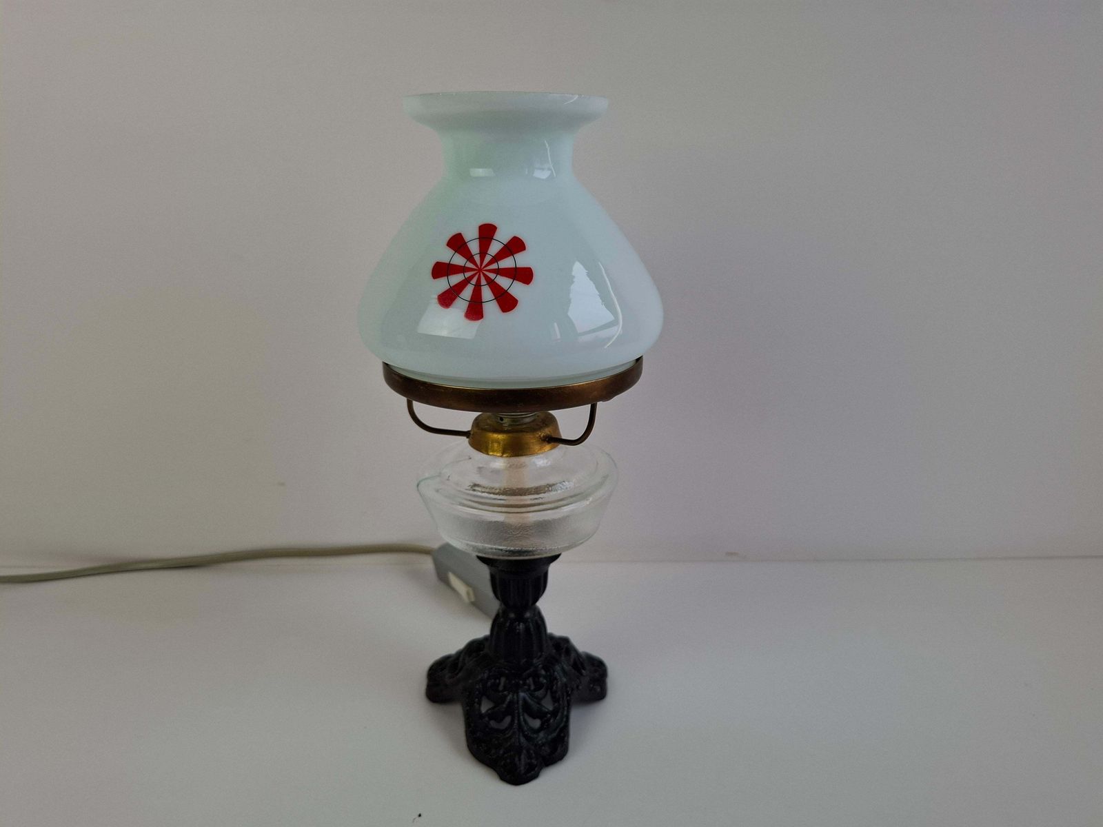 1960s Czechoslovakian Milk Glass Oil Lamp Style Table Lamp photo vintage