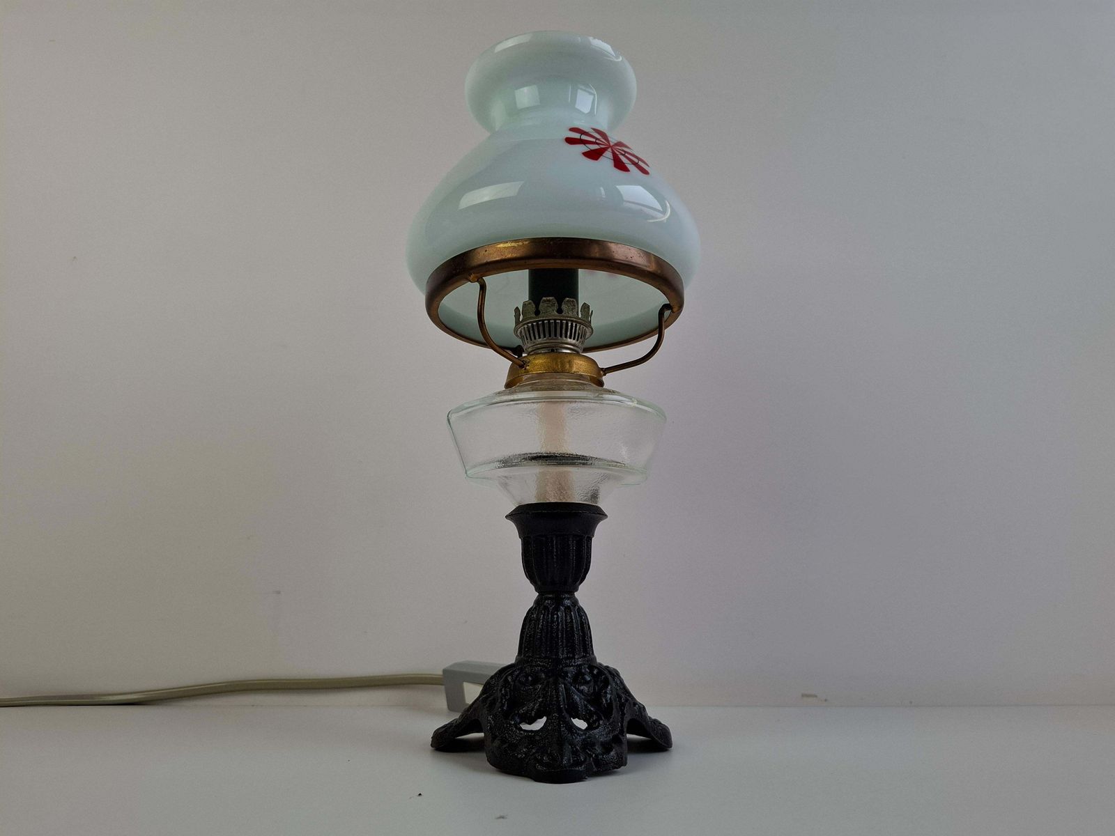 photo for sale 1960s Czechoslovakian Milk Glass Oil Lamp Style Table Lamp