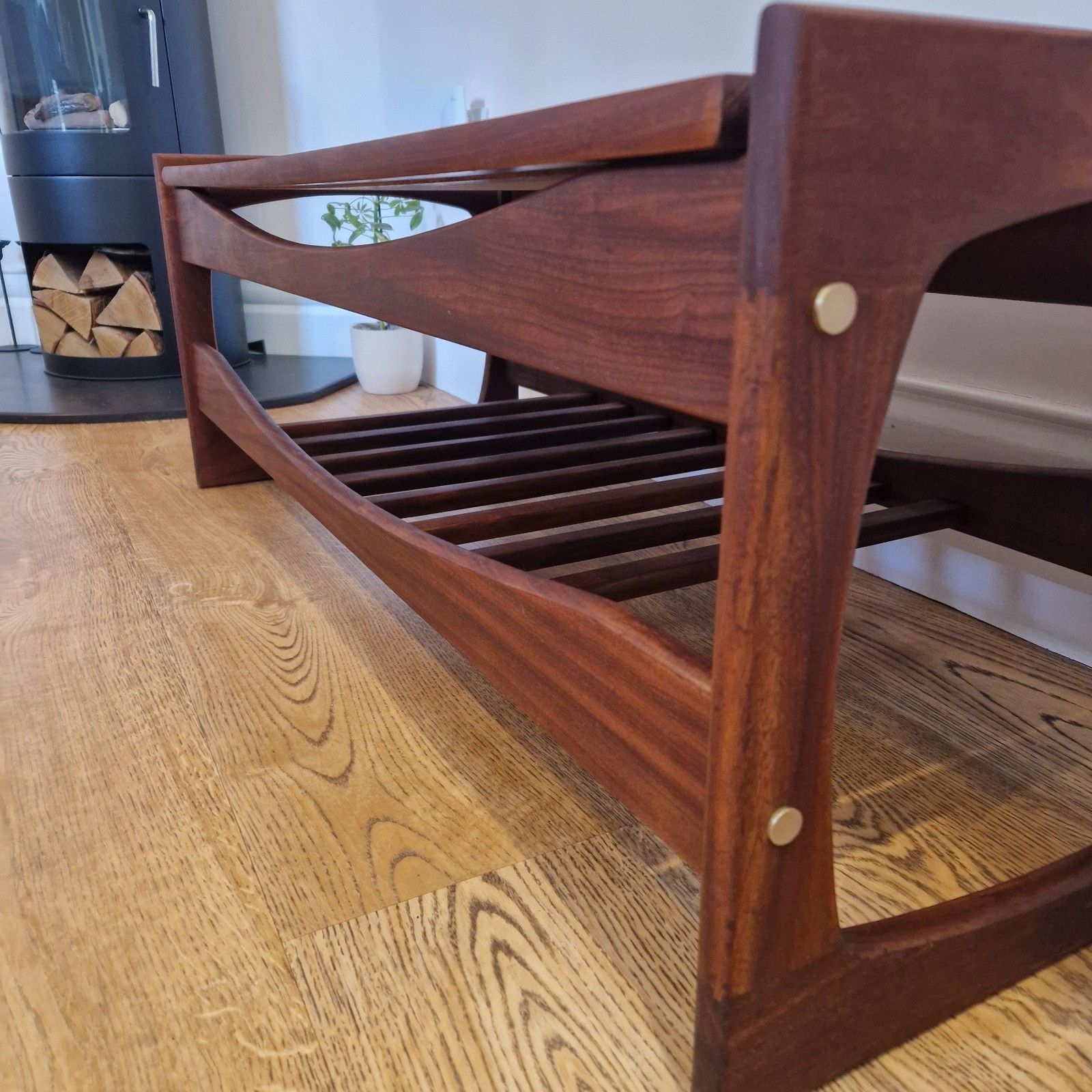 Mid Century Solid Teak Coffee Table With Tiled Leaf Design And Slatted Shelf photo 225.0
