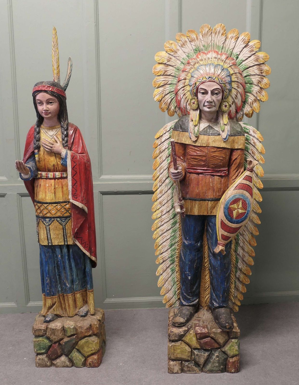 A Pair Of Carved & Painted Cigar Store American Indians, Shop Trade Signs