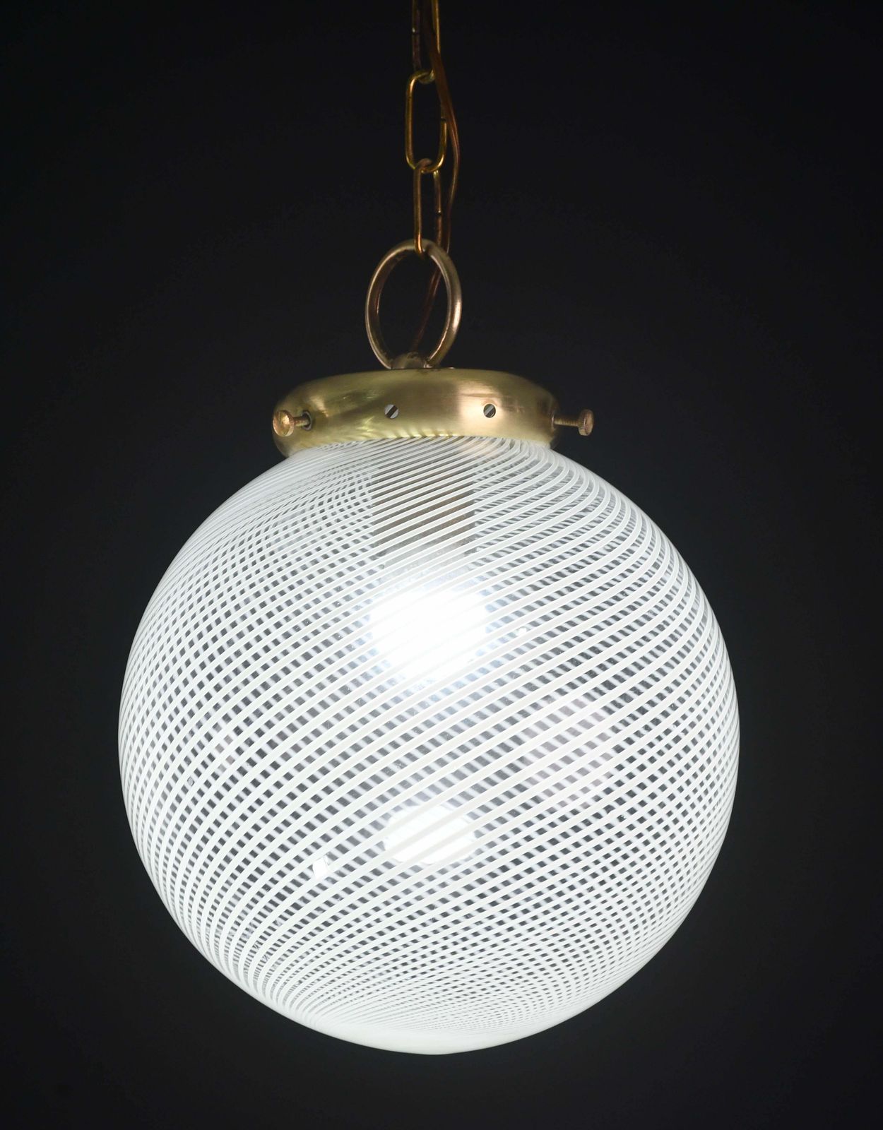 Italian Mid Century Pendant Light With Optic Spiral Glass Globe And Restore Bras photo for sale