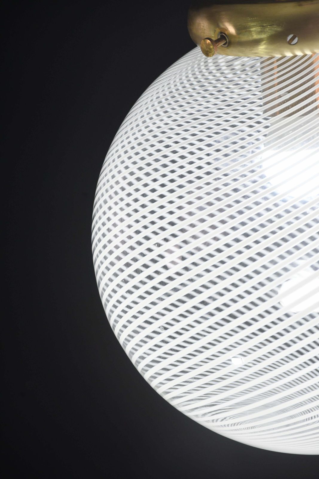 Italian Mid Century Pendant Light With Optic Spiral Glass Globe And Restore Bras photo vinterior