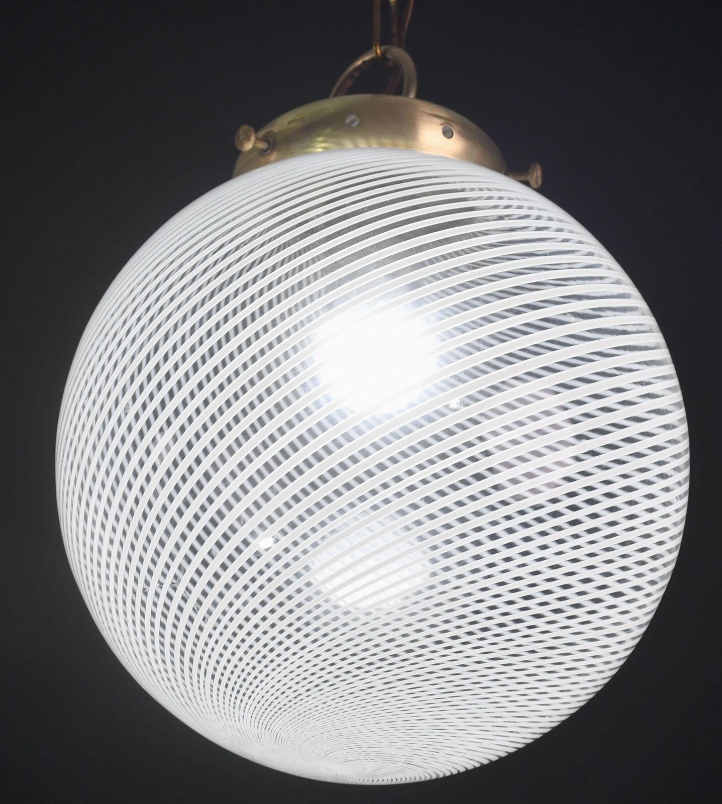 Italian Mid Century Pendant Light With Optic Spiral Glass Globe And Restore Bras photo buy