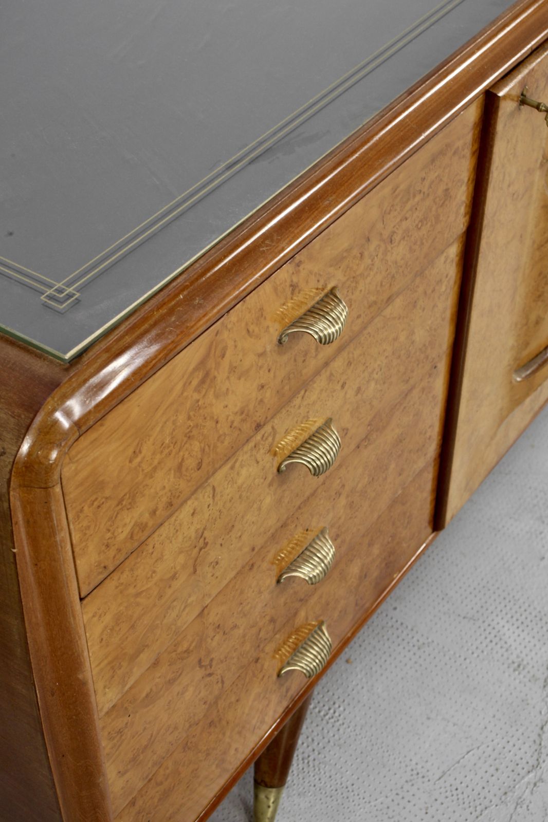 photo furniture Italian Art Deco Sideboard In Walnut Burl And Brass.