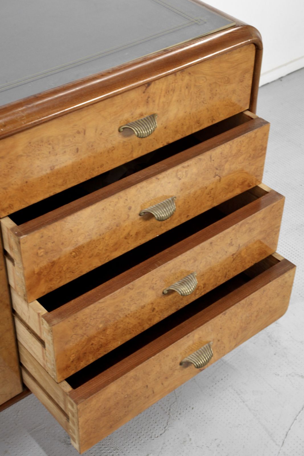 photo for sale Italian Art Deco Sideboard In Walnut Burl And Brass.