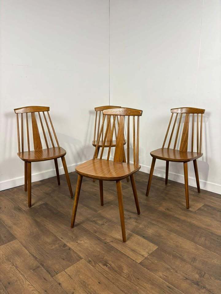 Set Of Four Rodanski Mid Century Danish Style Stick Back Dining Chairs photo for sale