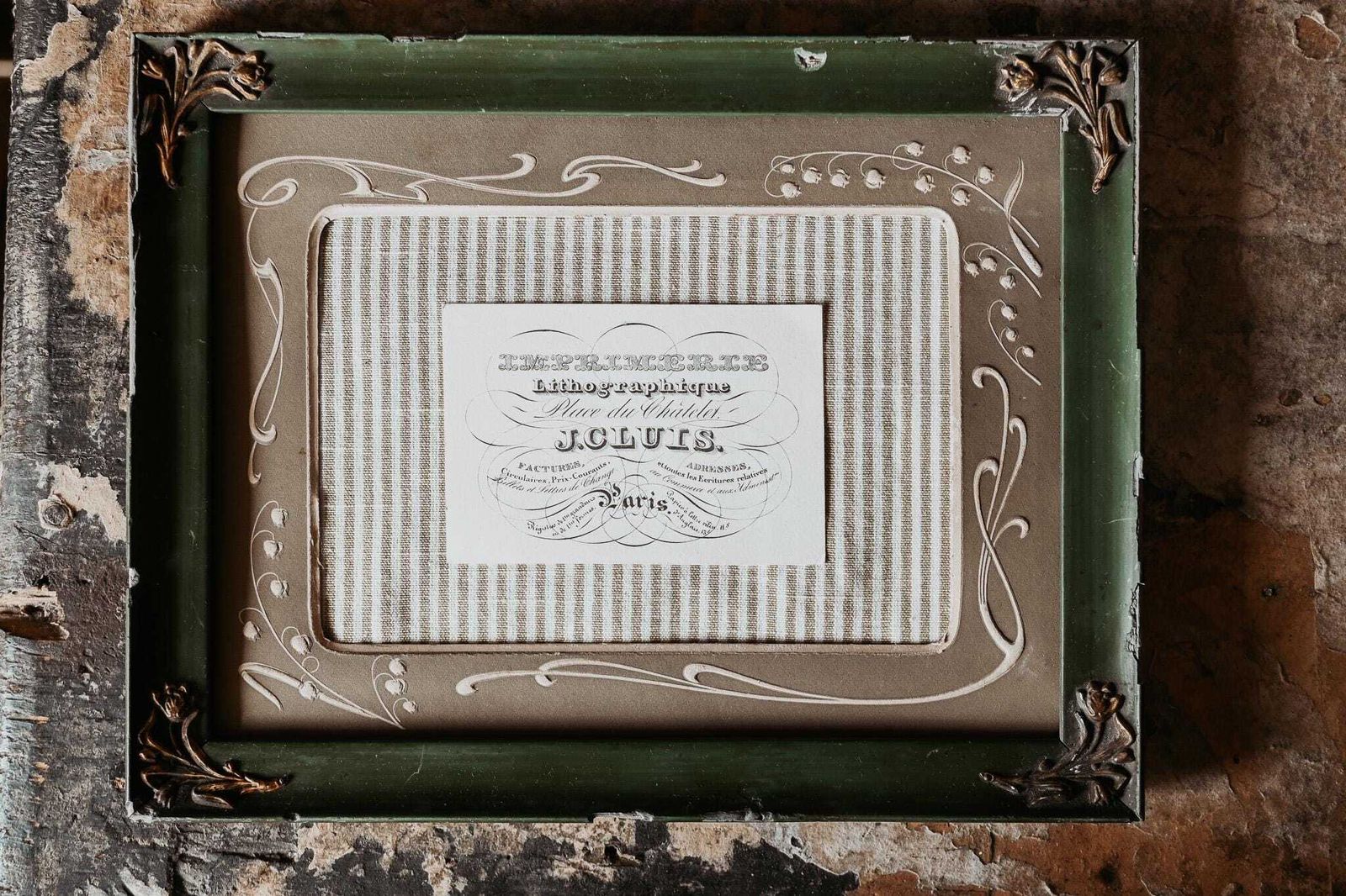 Framed 1878 Lithographic Business Card   J. Cluis Paris Printer With Art Nouveau Matting