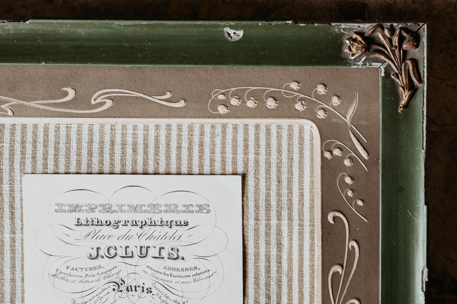 Framed 1878 Lithographic Business Card   J. Cluis Paris Printer With Art Nouveau Matting photo 162.0