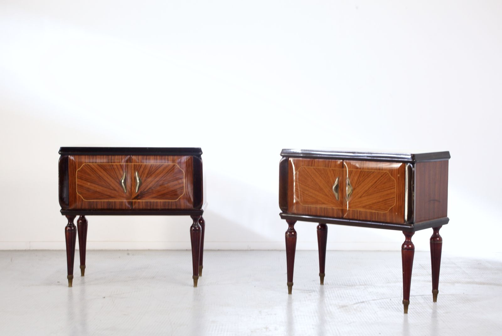 Set Of 2 Italian Midcentury Walnut Burl And Brass Bedside Tables / Cabinets. Vintage / Modern / Retro photo for sale