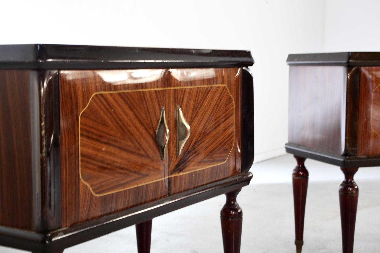 Set Of 2 Italian Midcentury Walnut Burl And Brass Bedside Tables / Cabinets. Vintage / Modern / Retro photo vinterior
