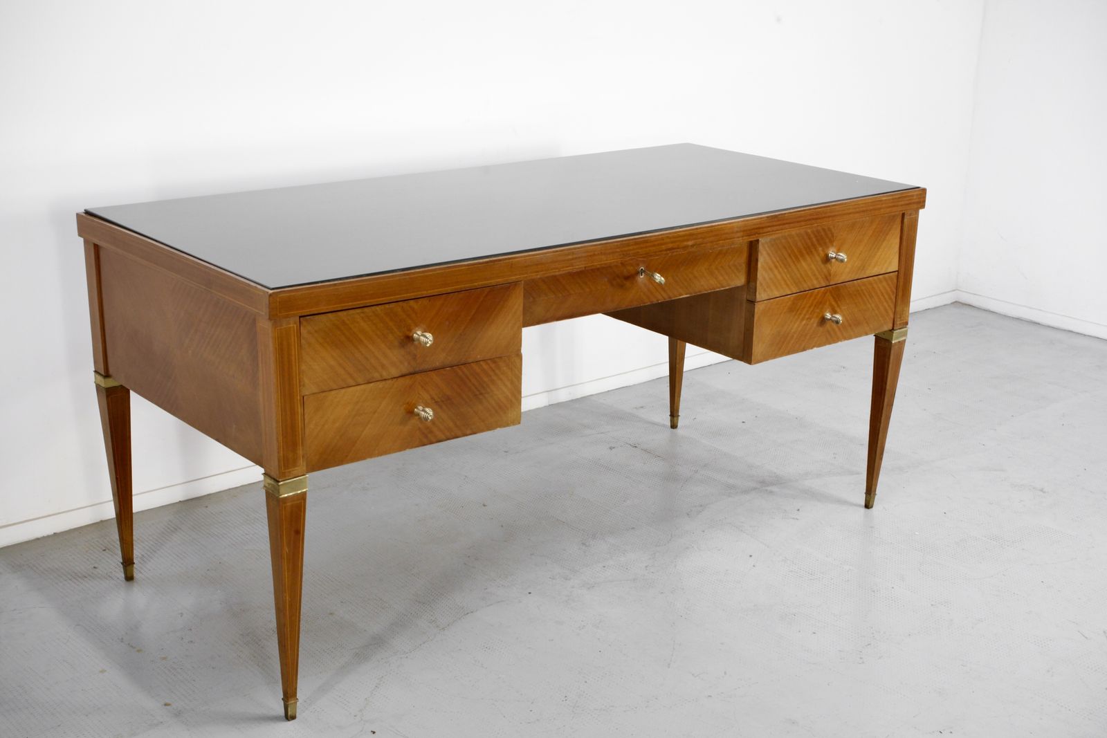 Midcentury Italian Desk In Walnut, Brass And Glass. photo vinterior