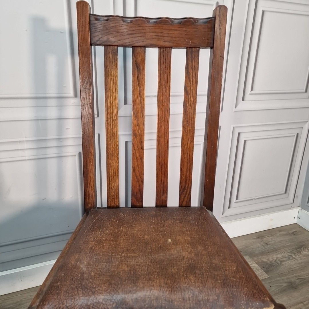 90.0 Antique Oak Dining Chairs Slat Back Leather Effect Seats Pair Vintage Seats photo