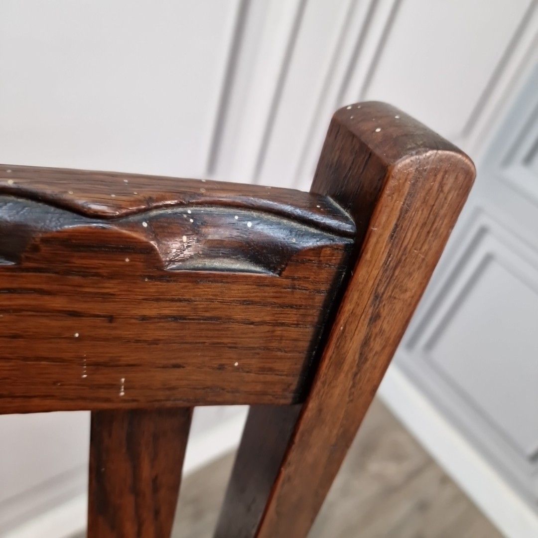 photo vinterior Antique Oak Dining Chairs Slat Back Leather Effect Seats Pair Vintage Seats