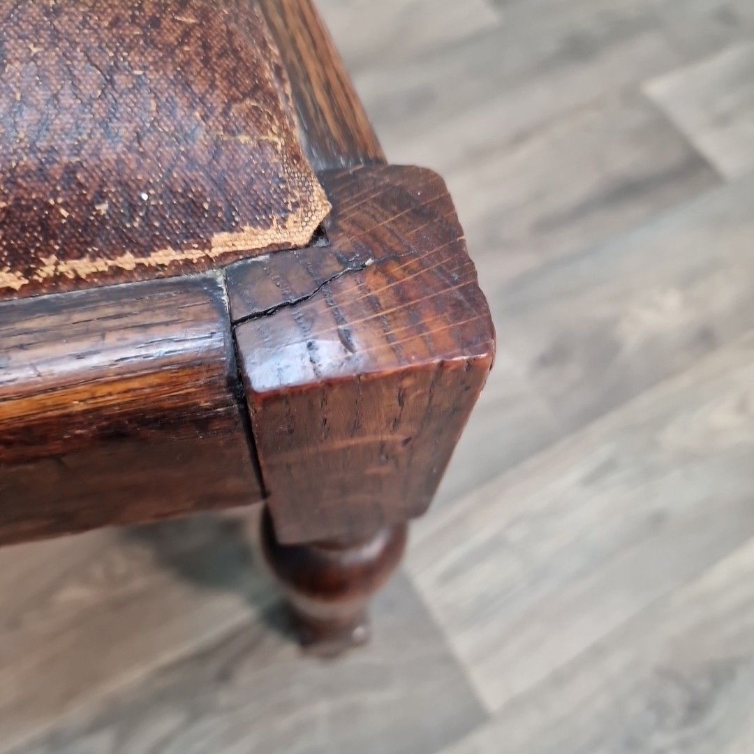 photo buy Antique Oak Dining Chairs Slat Back Leather Effect Seats Pair Vintage Seats