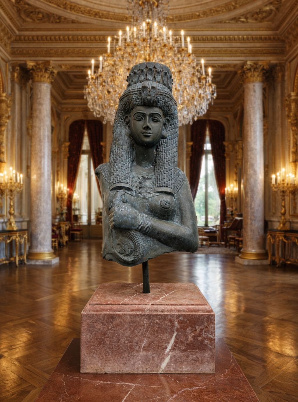 Large Exceptional Bronze Sculpture Cleopatra Egyptian Revival With Marble Stand photo furniture