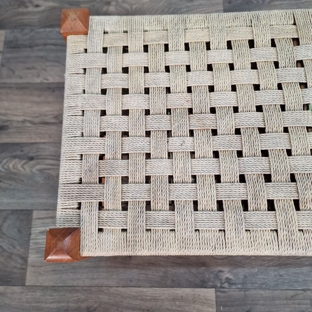 Vintage Oak Stool Woven Rush Rope Seat Footstool Bench Rest Wooden Mcm photo 60.0