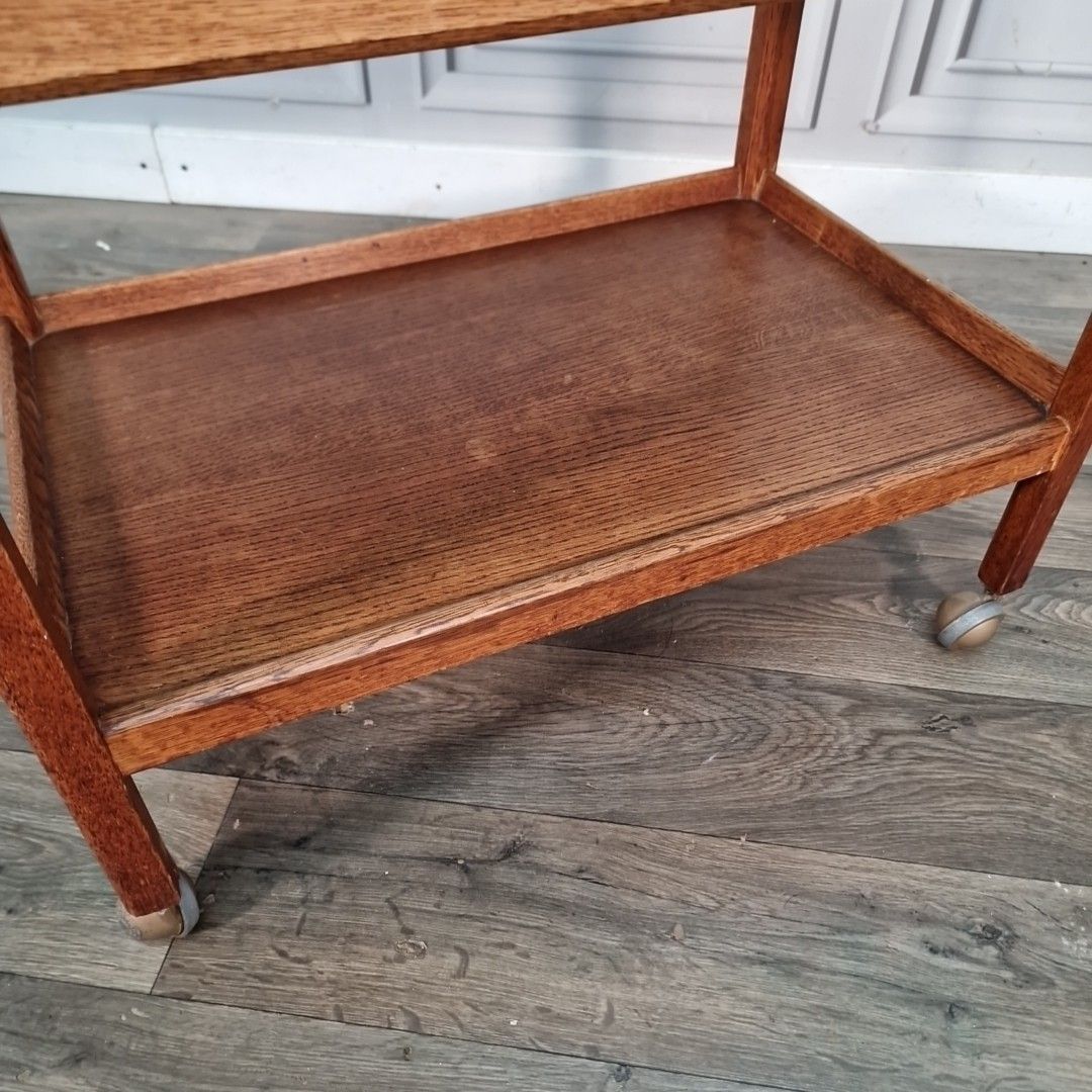 Vintage Oak Trolley Table Drop Leaf  Tea Cart Solid Wood Mid Century Retro photo vintage
